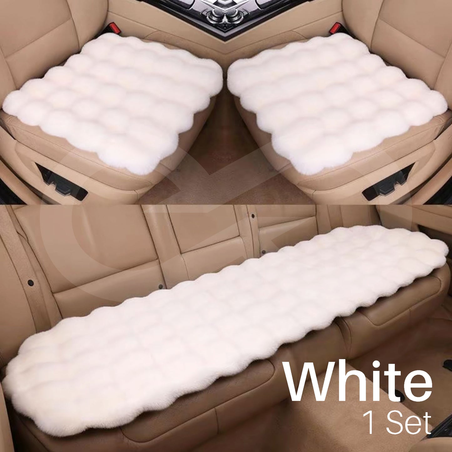 White car seat cover set on a beige car interior with 'White 1 Set' text.