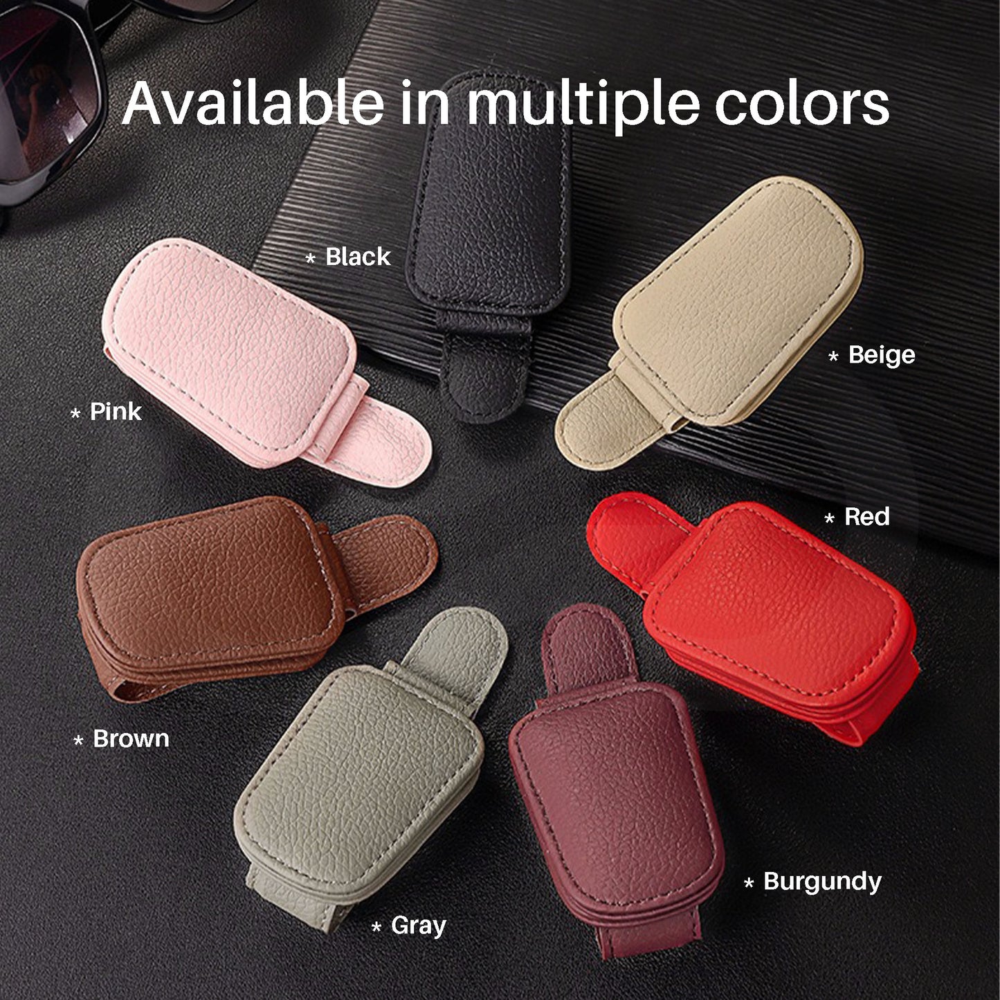 Various colored car visor sunglasses clip on a dark background with text indicating color availability.