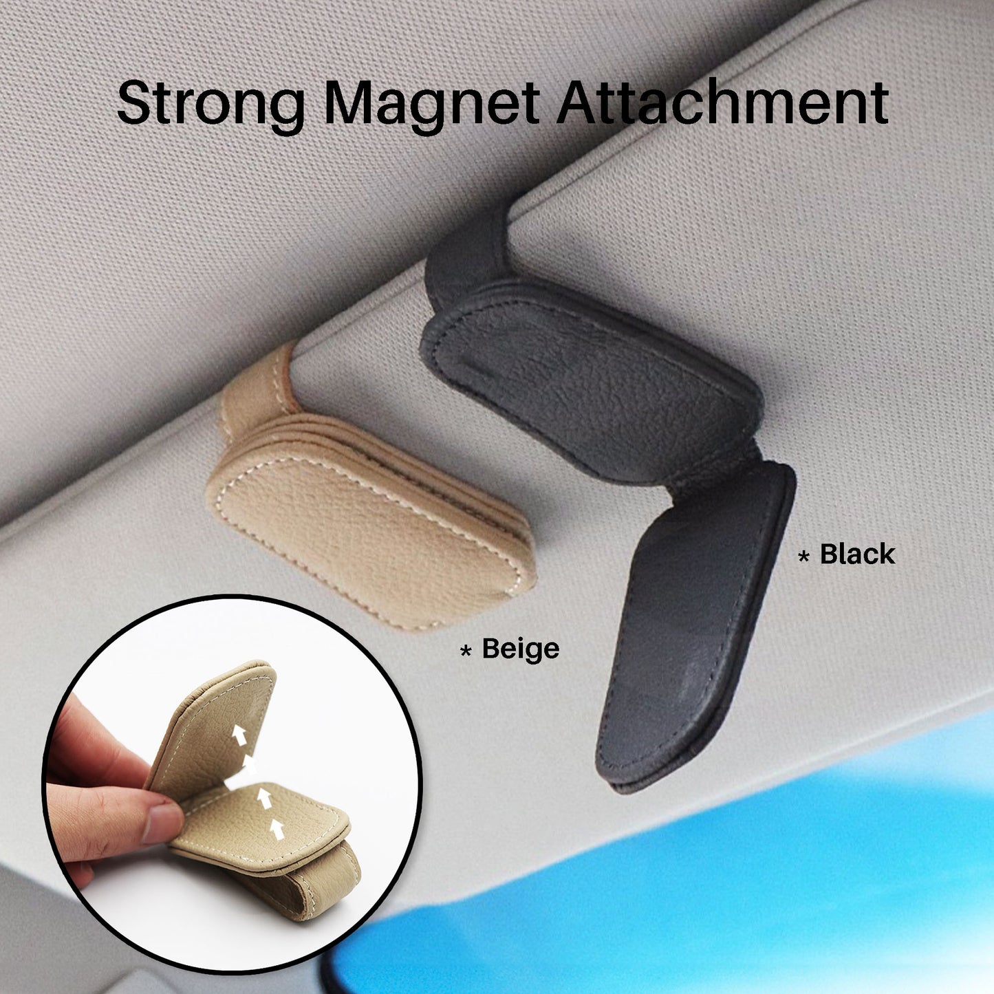 Strong magnet attachment of car visor sunglasses clip in beige and black on a car dashboard with close-up inset.