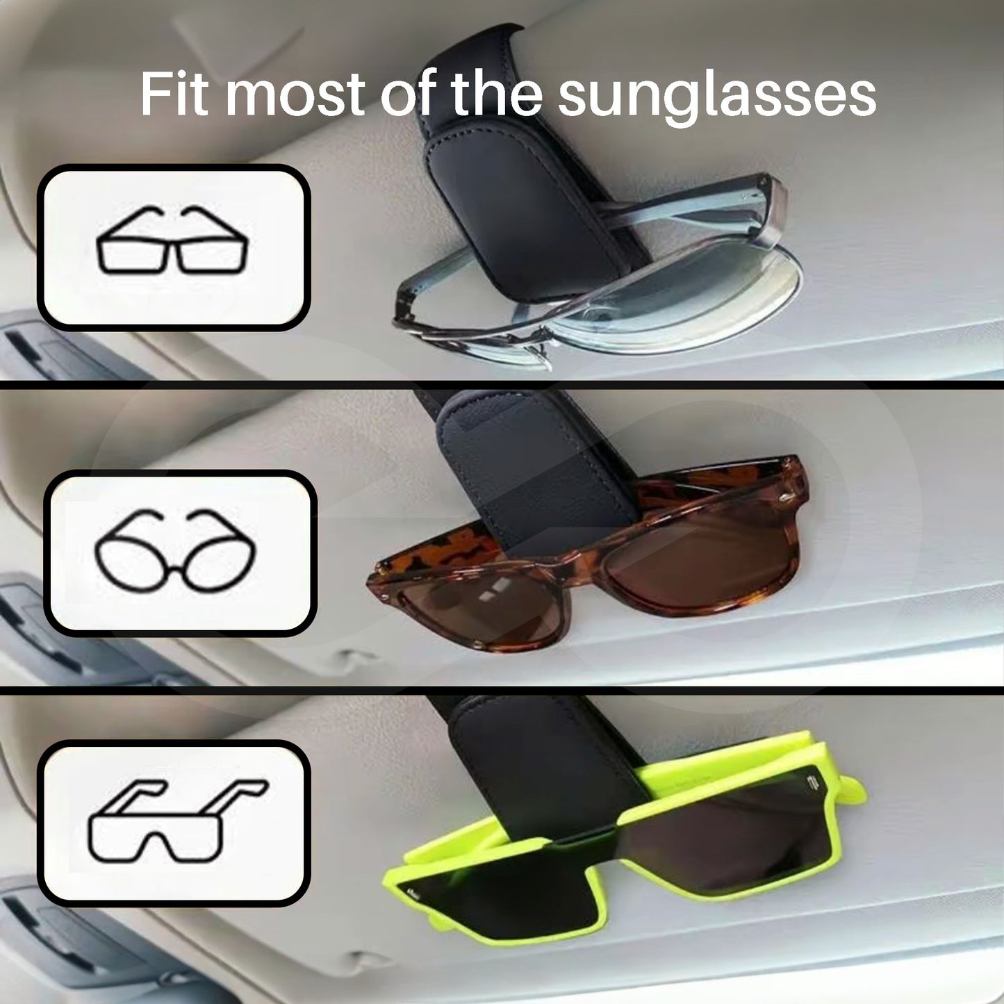 Car visor with sunglasses holder holding different pairs of sunglasses.