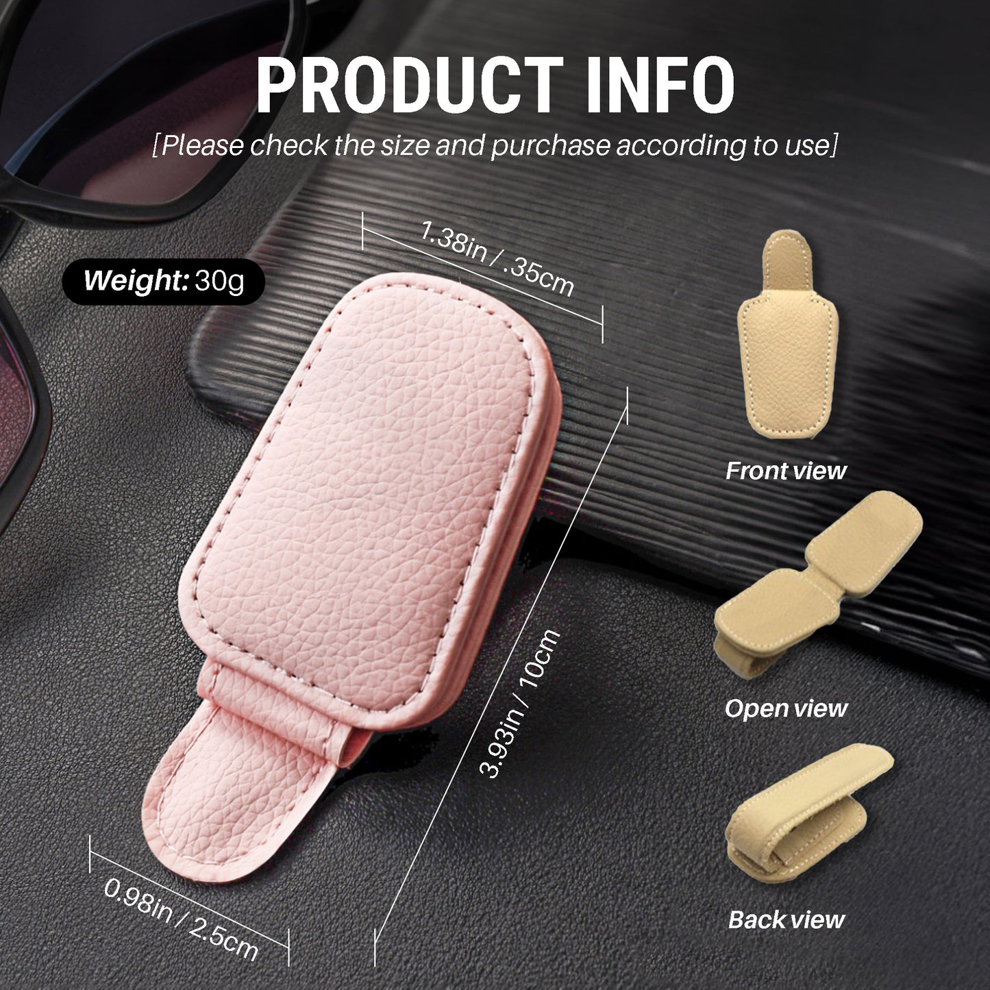 Pink leather car visor sunglasses clip with measurements and views on a dark surface