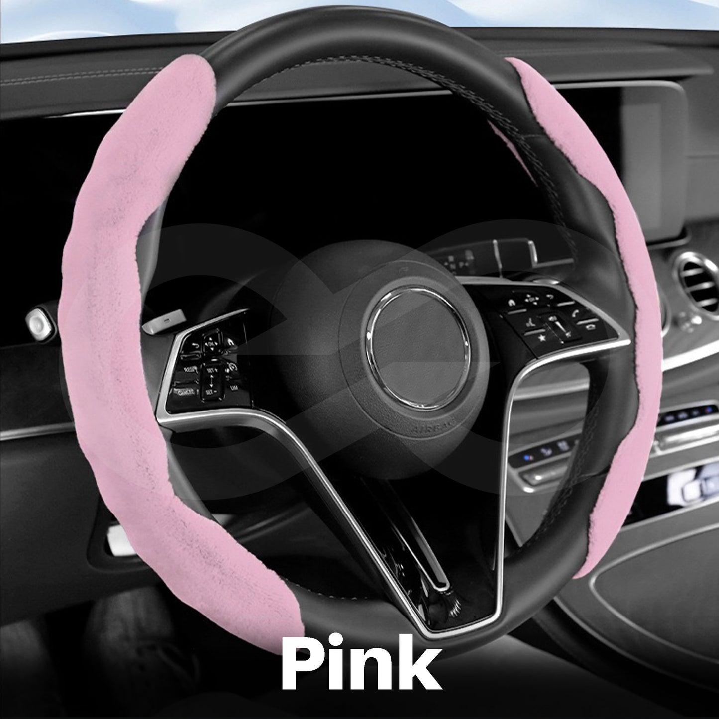 Pink steering wheel cover in a car interior