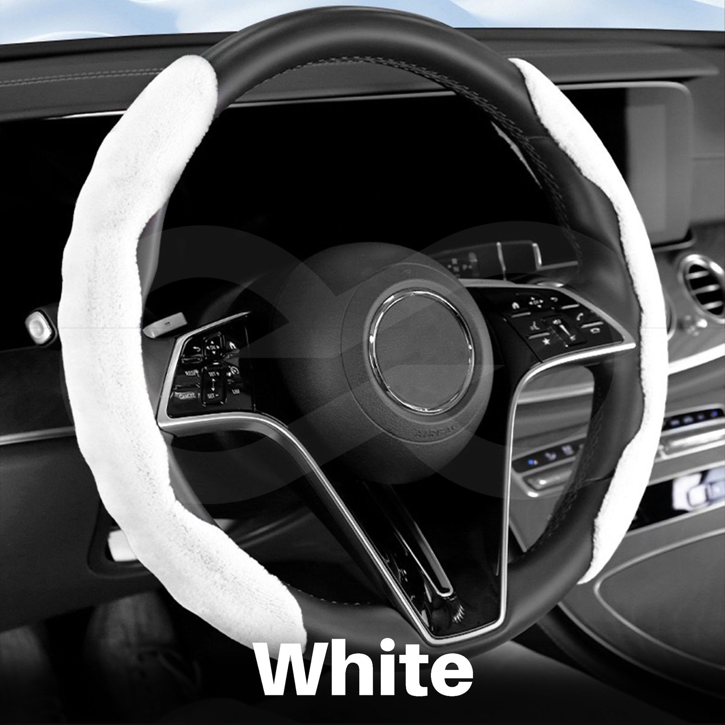 White steering wheel cover in a car interior