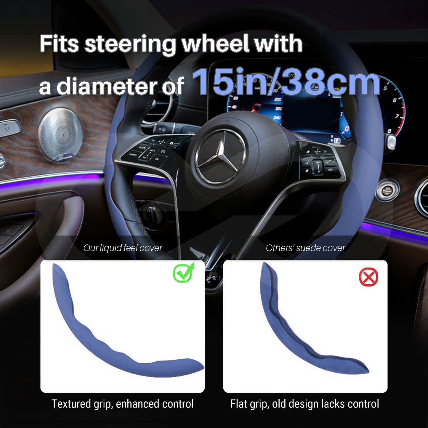 Liquid Feel Steering Wheel Cover fits steering wheel with a diameter of 15in/38cm