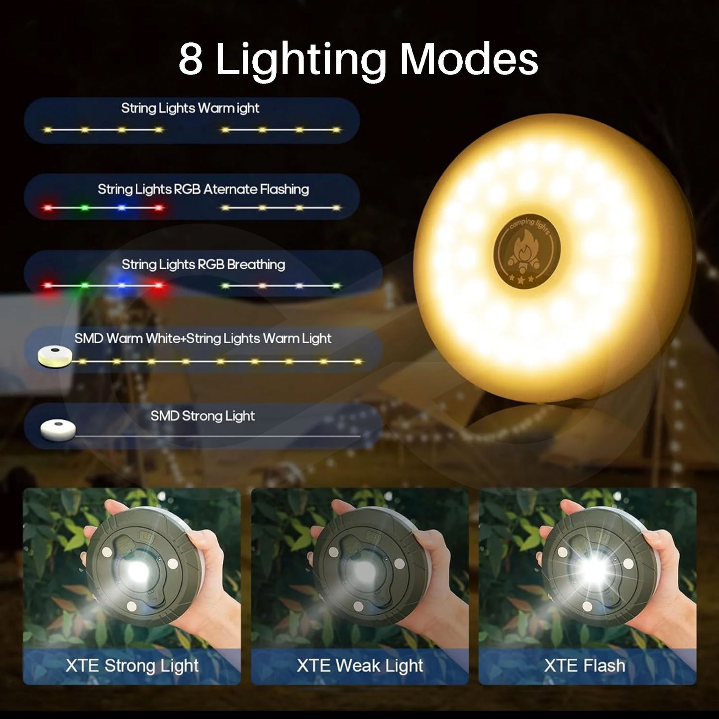 Retractable Rechargeable Camping String Lights 15 Eight Lighting Modes