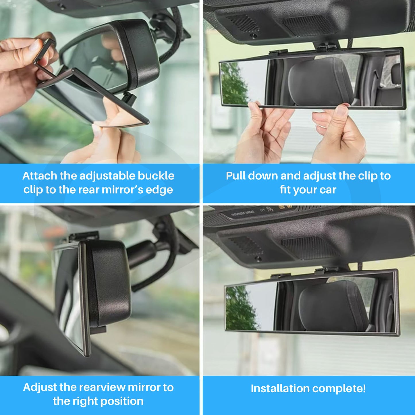 Step-by-step guide on installing a car rearview mirror with adjustable clip.