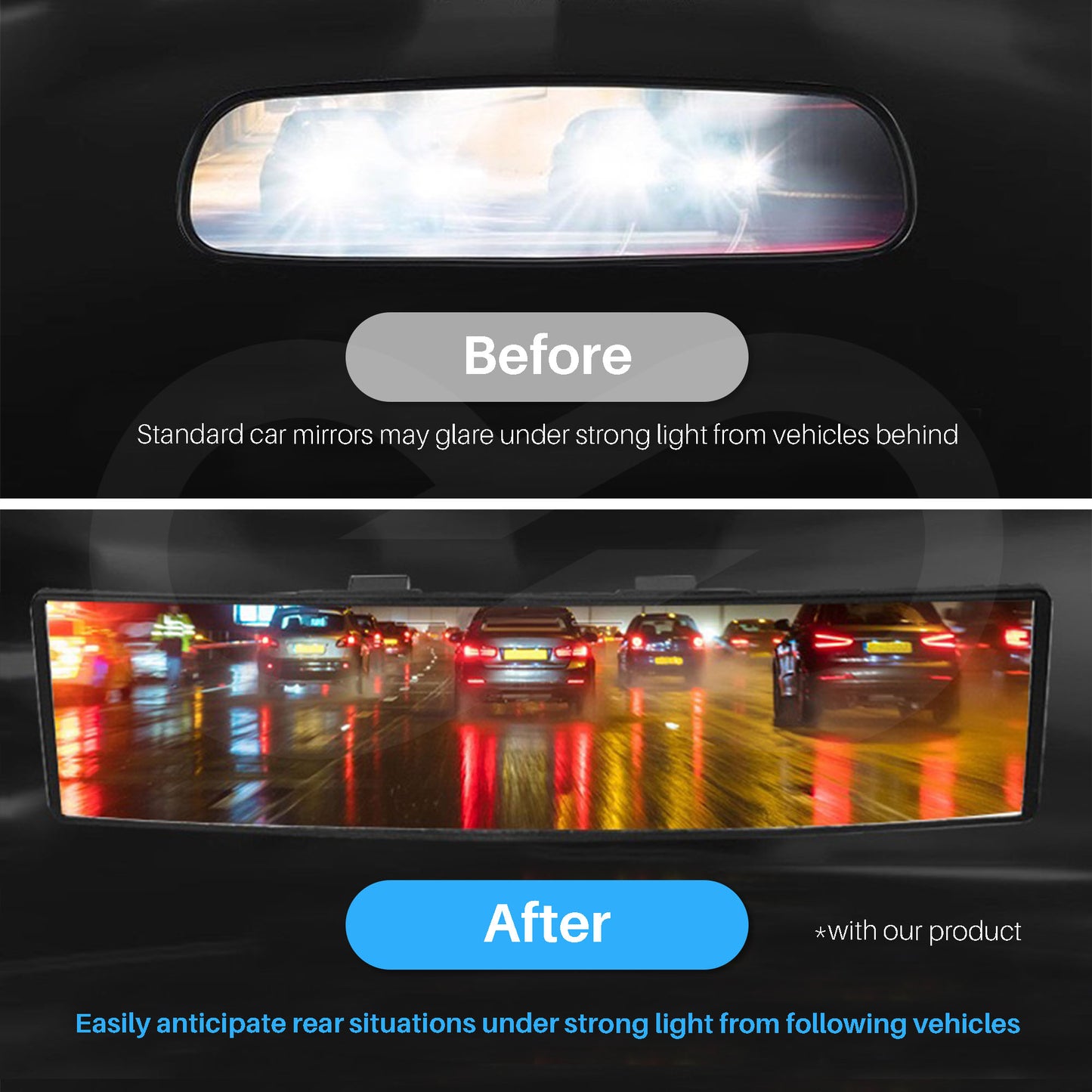 Comparison of a standard car mirror and a night vision wide angle mirror showing improved visibility under strong light.
