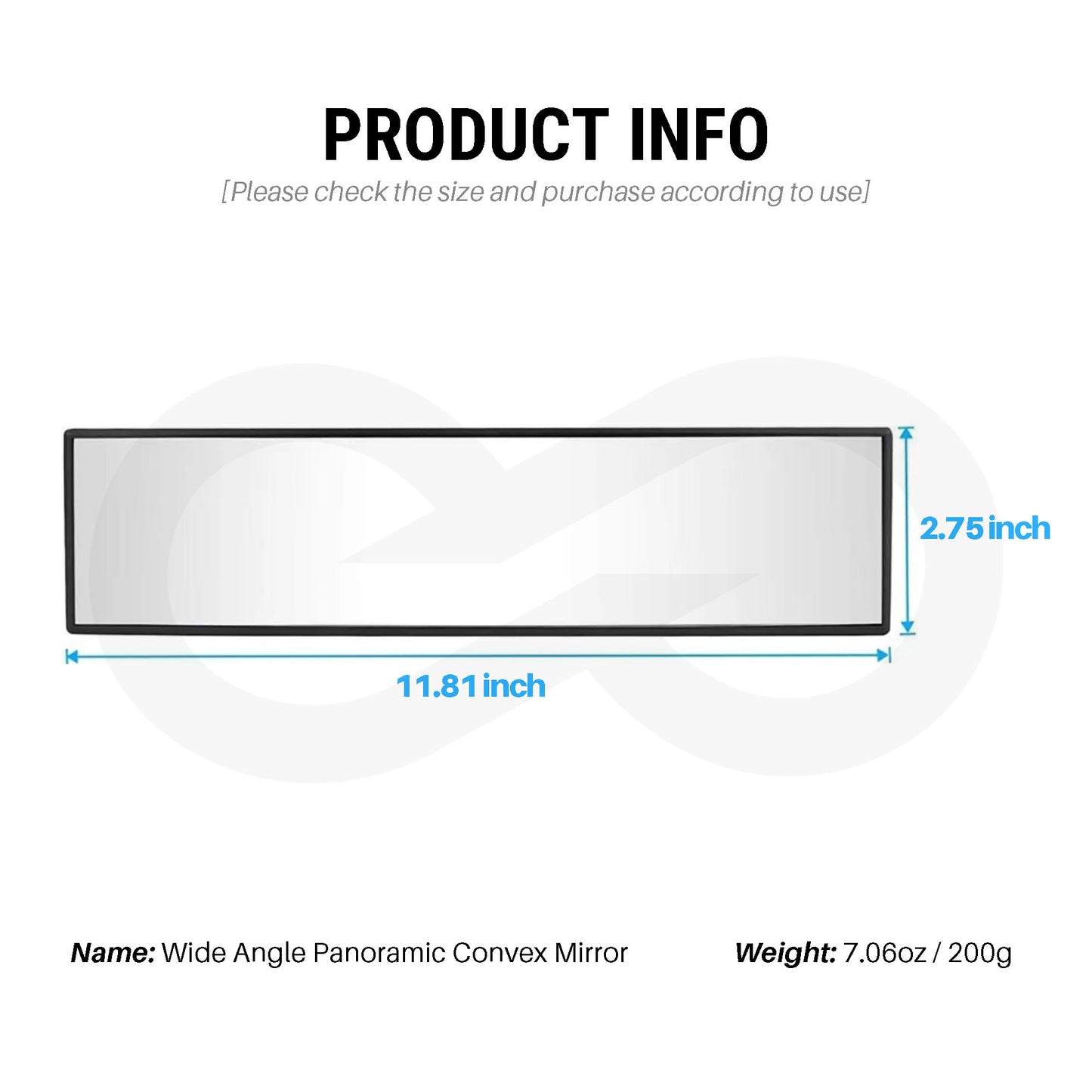 Measurement chart for a wide-angle panoramic convex mirror with dimensions and weight information.