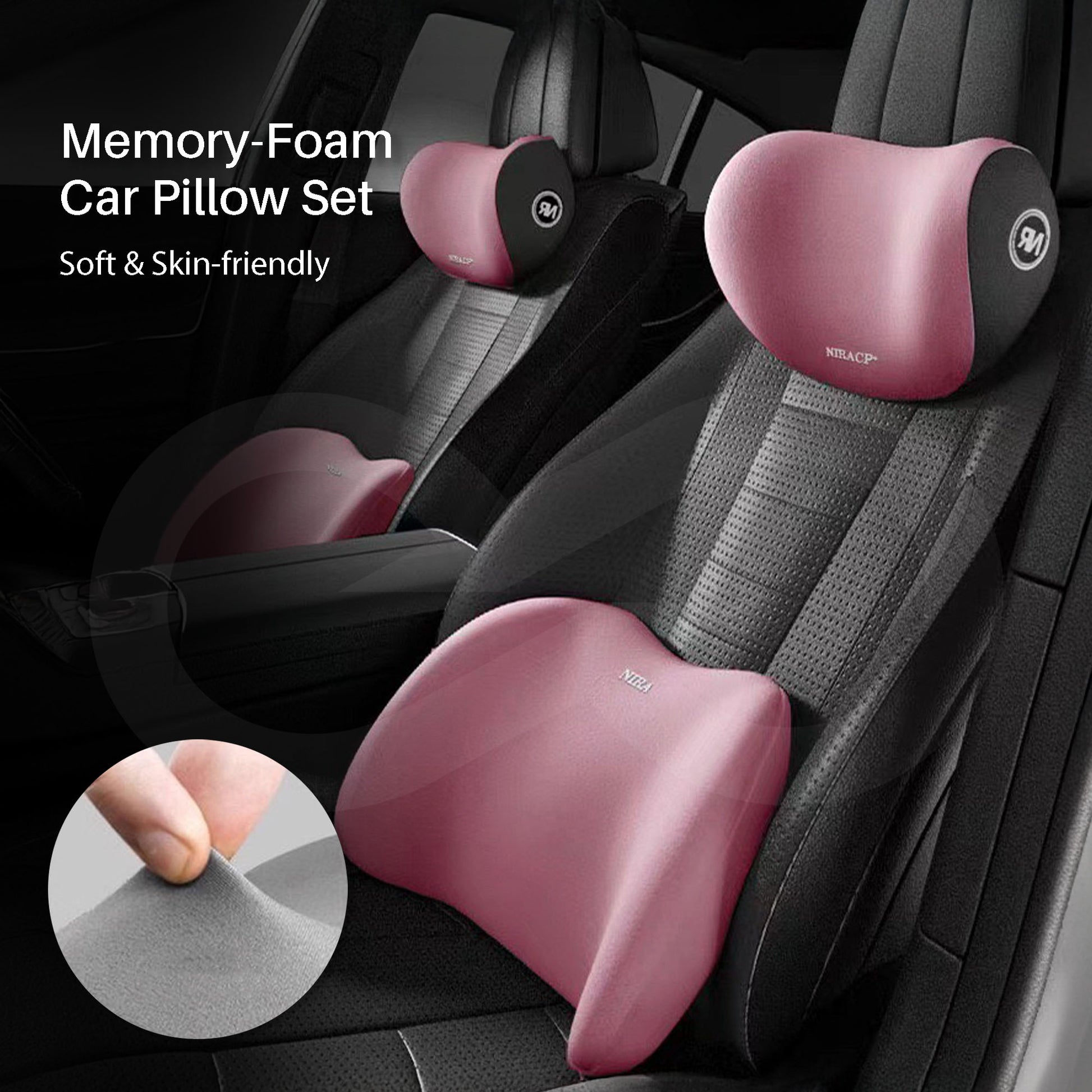 Pink memory-foam car pillow set on a car seat with softness detail shown.