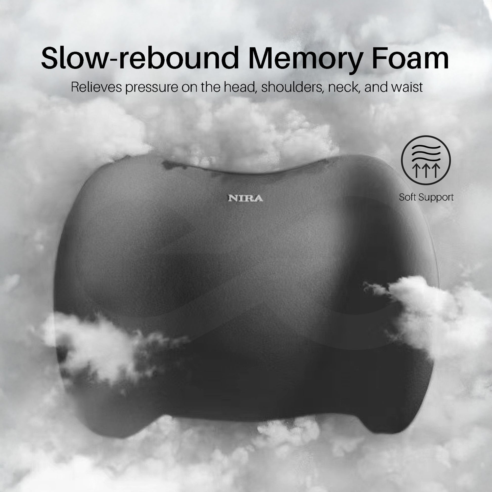 Gray slow-rebound memory foam pillow on a cloud background