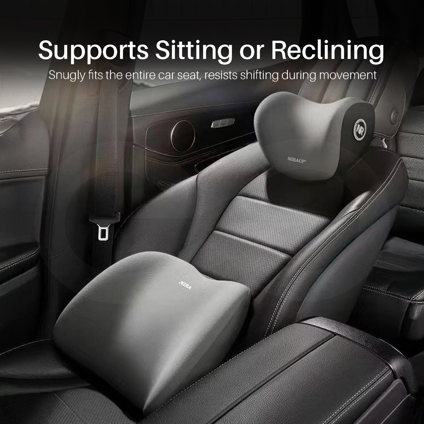 Car seat with headrest and neck support, showing text about support both for sitting or reclining.