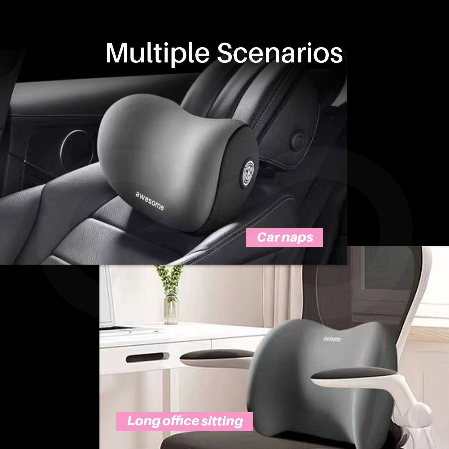 Black headrest pillow shown in multiple scenarios like car naps and long office sitting settings,