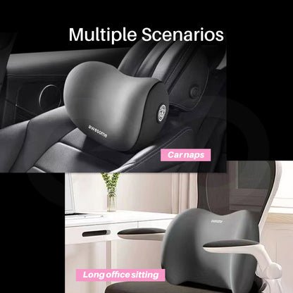Black headrest pillow shown in multiple scenarios like car naps and long office sitting settings,