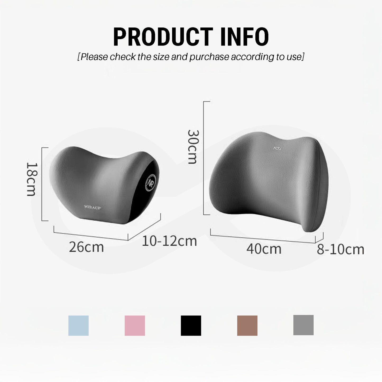 Gray color neck pillow and lumbar support set with dimensions, and color options such as light blue, pink, black, brown, and gray.