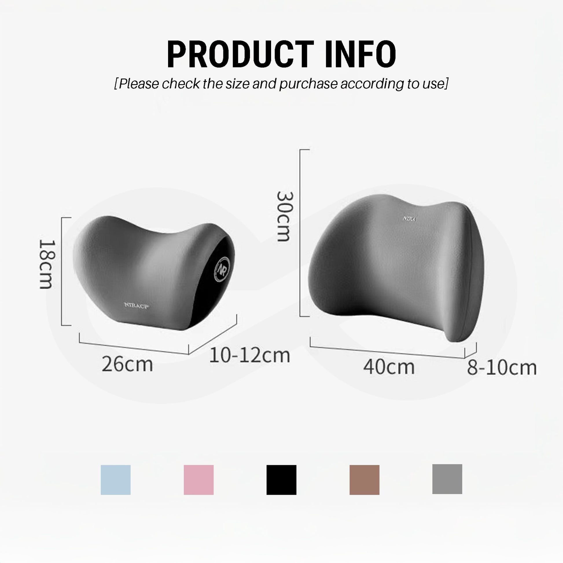 Gray color neck pillow and lumbar support set with dimensions, and color options such as light blue, pink, black, brown, and gray.