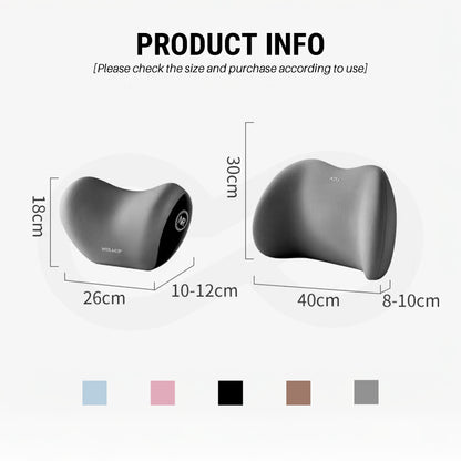 Gray color neck pillow and lumbar support set with dimensions, and color options such as light blue, pink, black, brown, and gray.