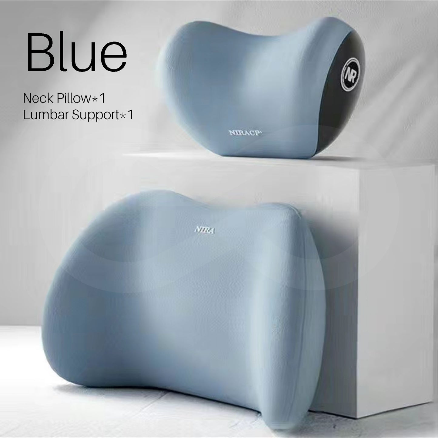 Blue color neck pillow and lumbar support on a white background.