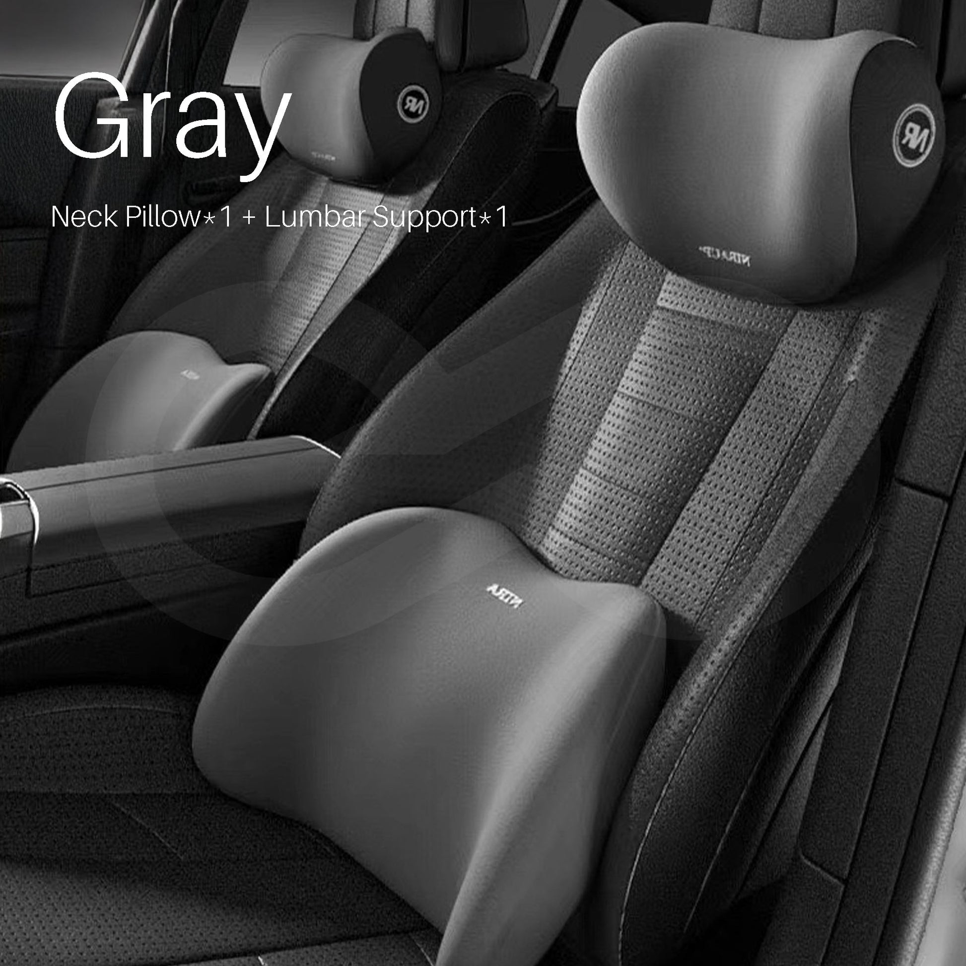 Gray color car neck pillow and lumbar support on a car seat.