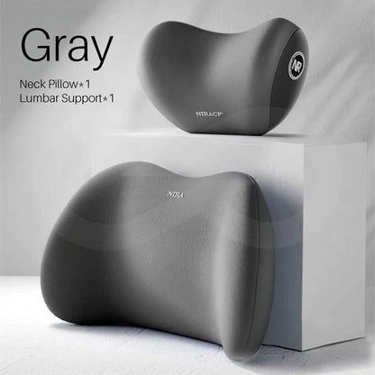 Gray color neck pillow and lumbar support on a white background.
