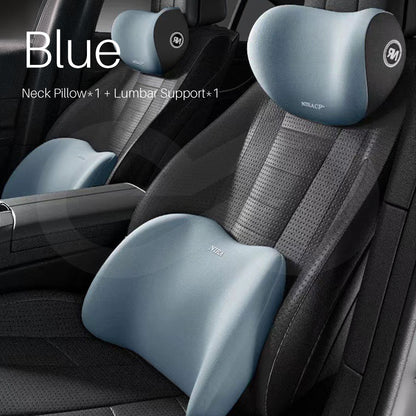 Blue color neck pillow and lumbar support on a car seat.