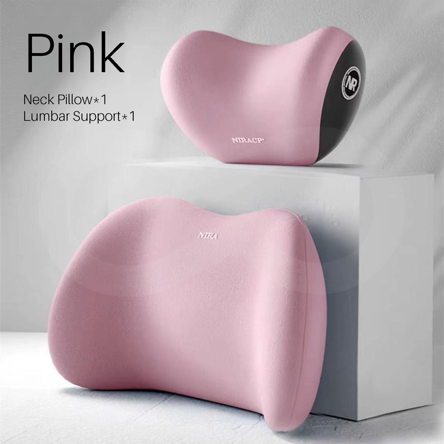 Pink color neck pillow and lumbar support on a white background