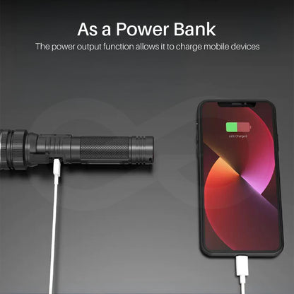 Flashlight charging a smartphone with text indicating power bank functionality.