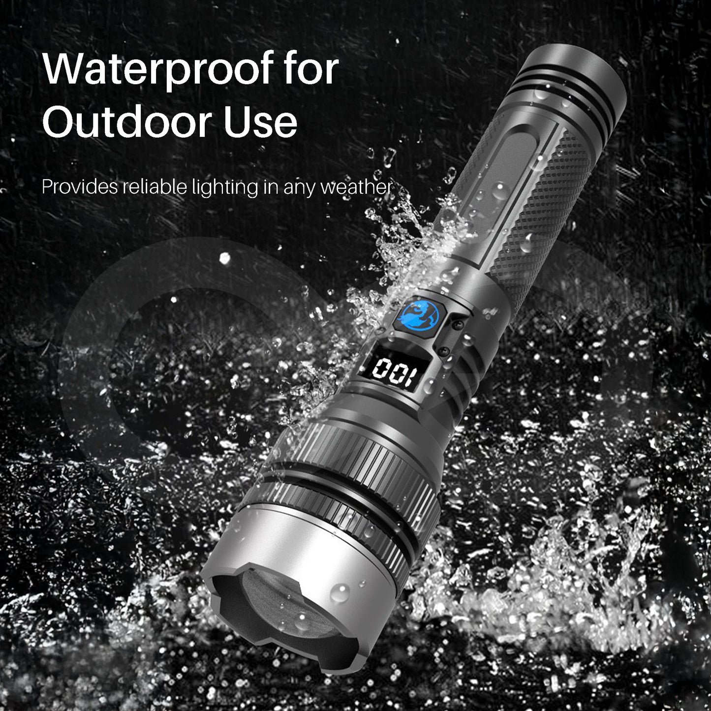 Flashlight with water splashes and text indicating waterproof feature for outdoor use