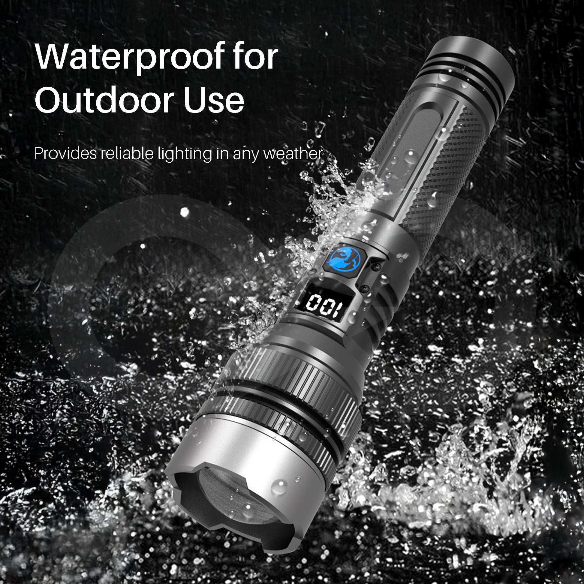 Flashlight with water splashes and text indicating waterproof feature for outdoor use