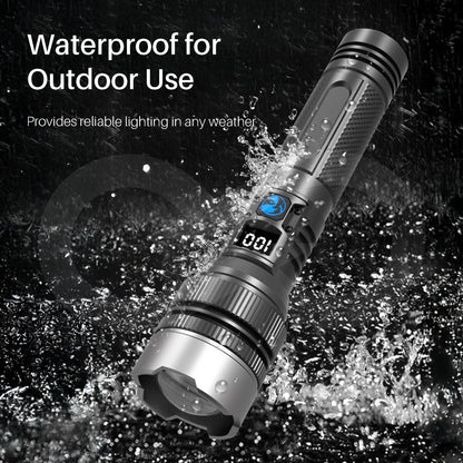 Flashlight with water splashes and text indicating waterproof feature for outdoor use
