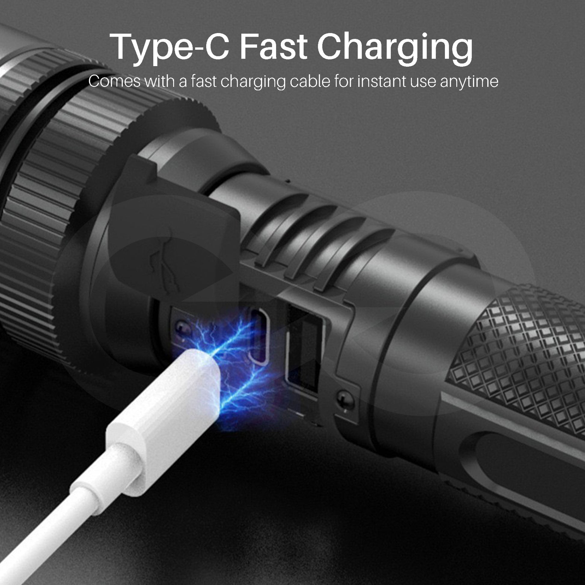 Black flashlight with Type-C fast charging cable on a dark background, indicating it comes with a fast charging cable for instant use anytime
