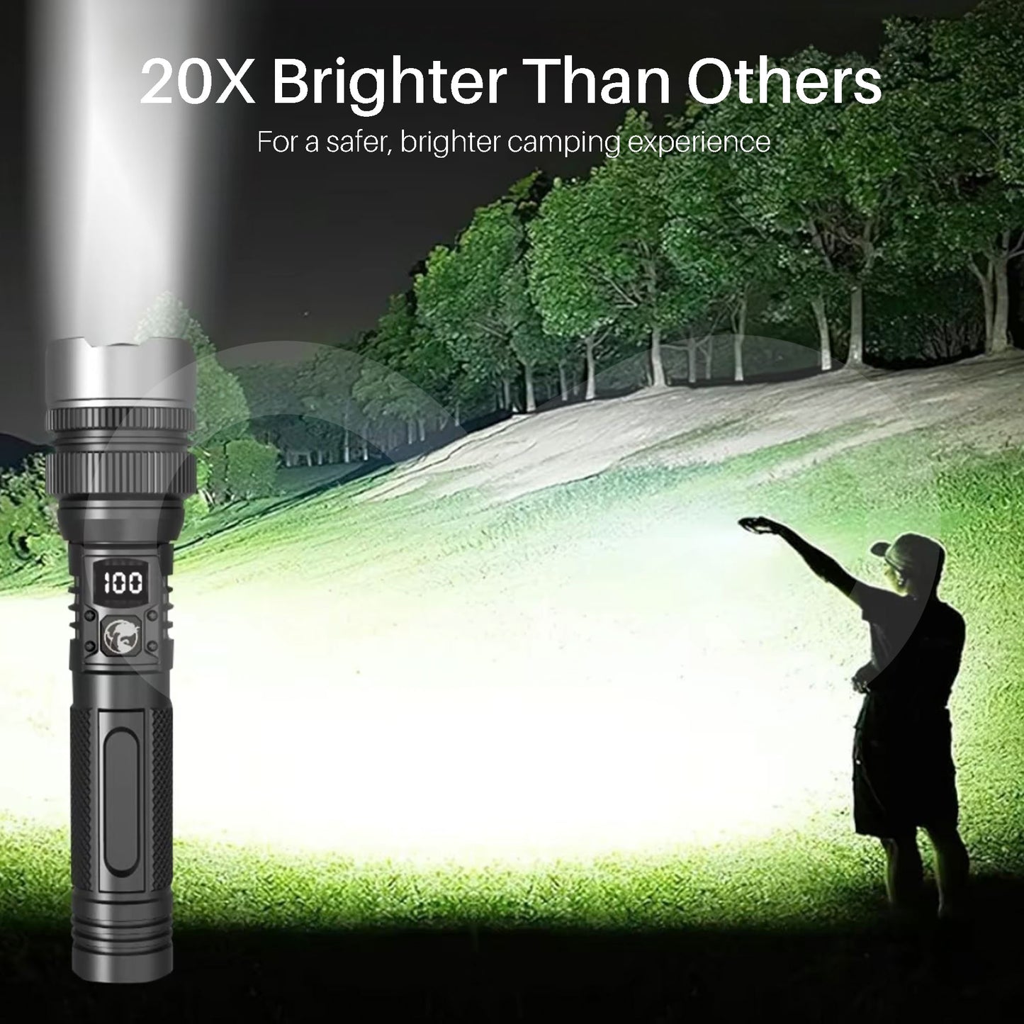 Flashlight with text '20X Brighter Than Others' in a camping setting.