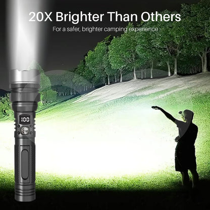Flashlight with text '20X Brighter Than Others' in a camping setting.