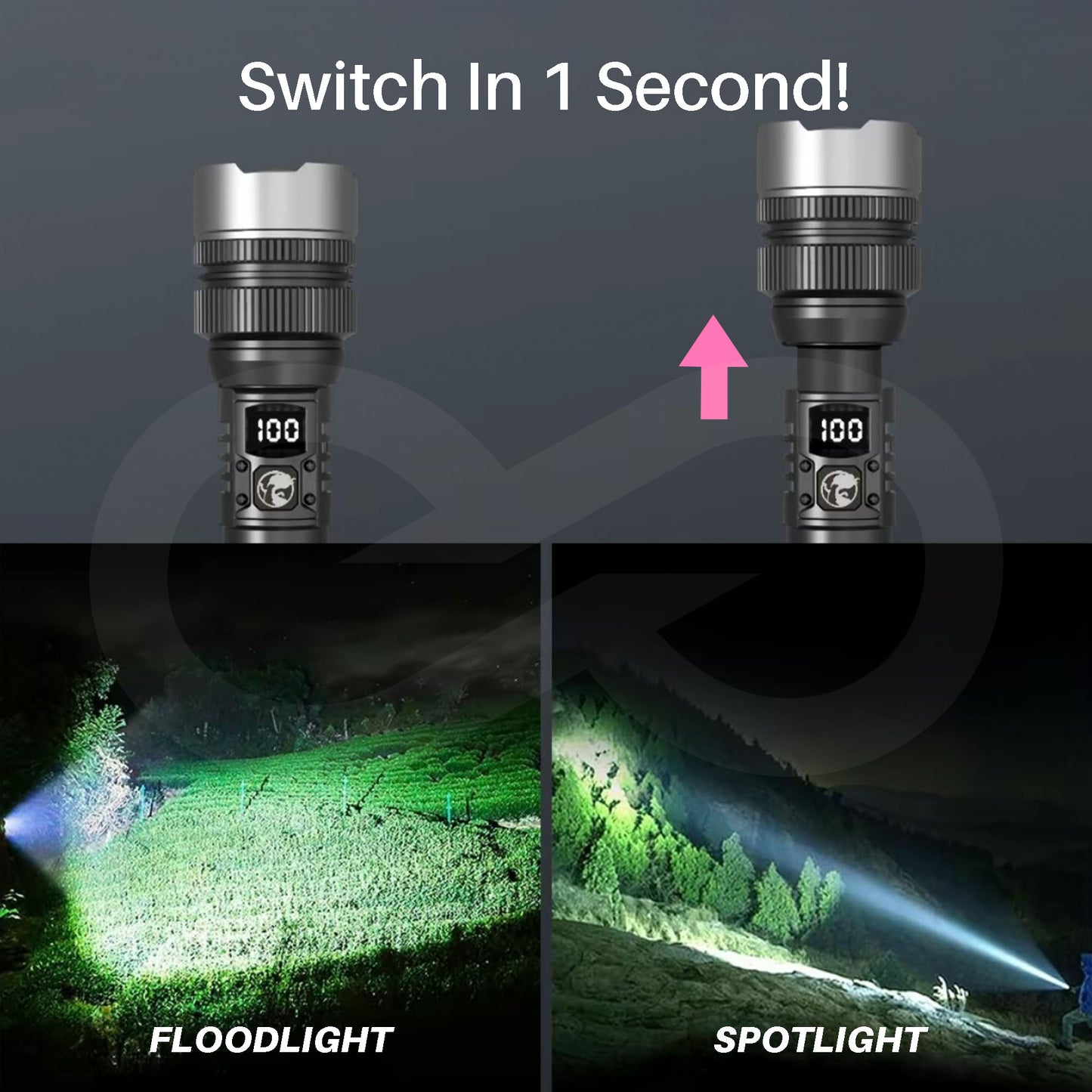 Two flashlight models switching between floodlight and spotlight modes with text 'Switch In 1 Second!' on a dark background.