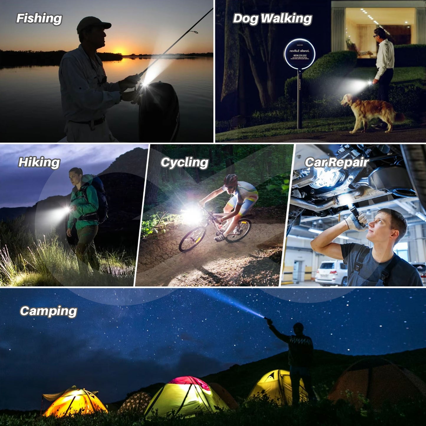 Collage of people using a flashlight in various activities including fishing, dog walking, hiking, cycling, car repair, and camping.