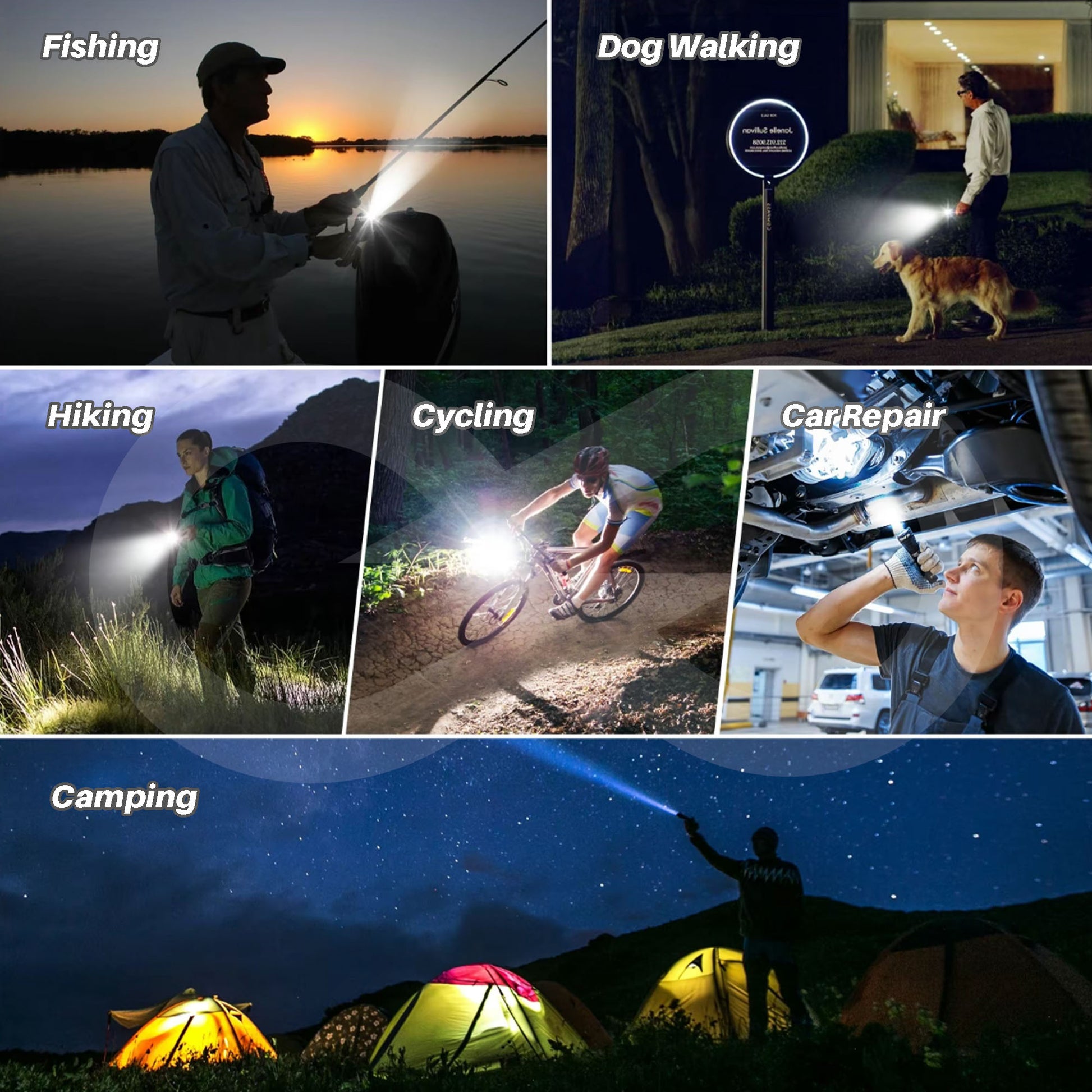 Collage of people using a flashlight in various activities including fishing, dog walking, hiking, cycling, car repair, and camping.