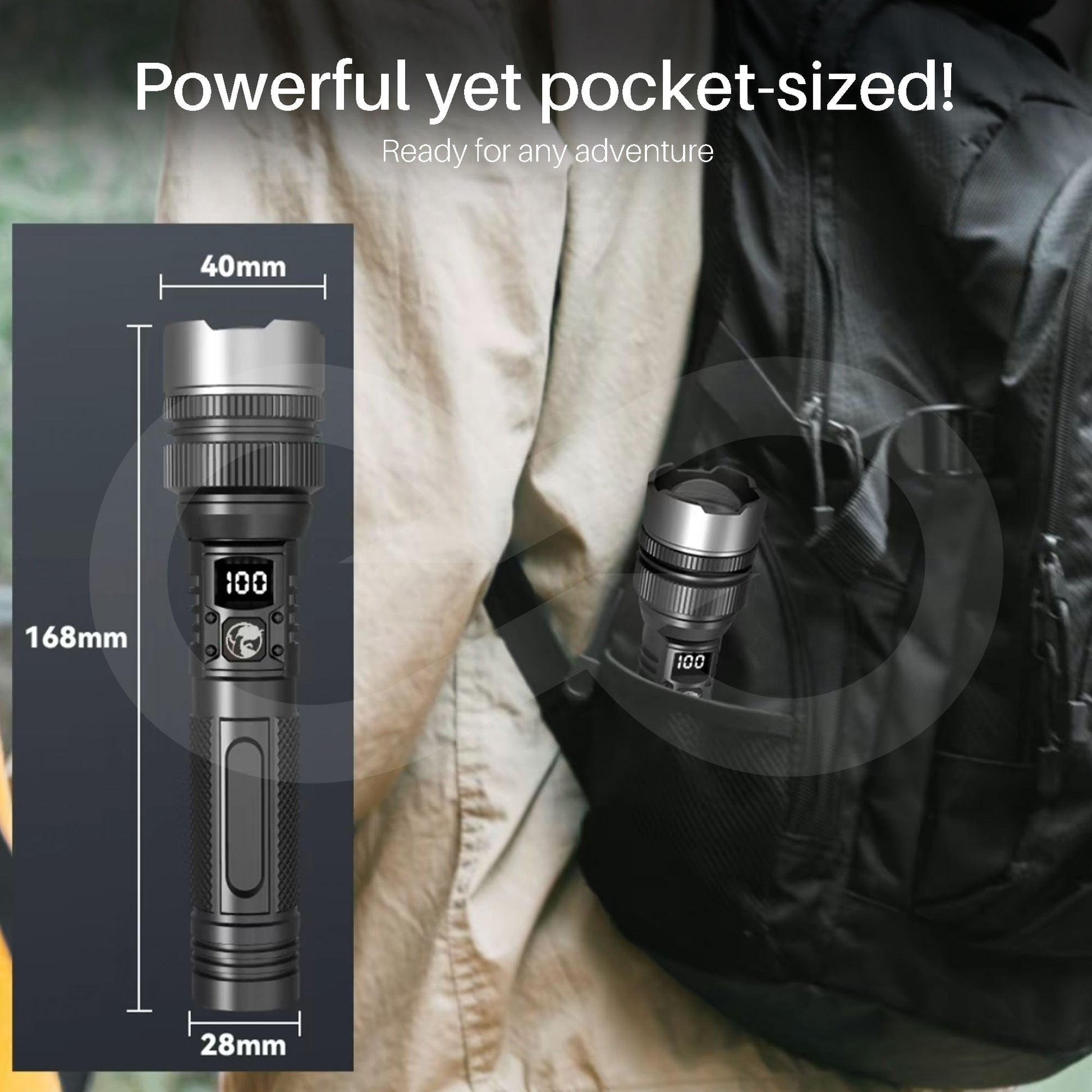 Flashlight with dimensions and text 'Powerful yet pocket-sized! Ready for any adventure' on a person wearing a jacket and backpack with a flashlight