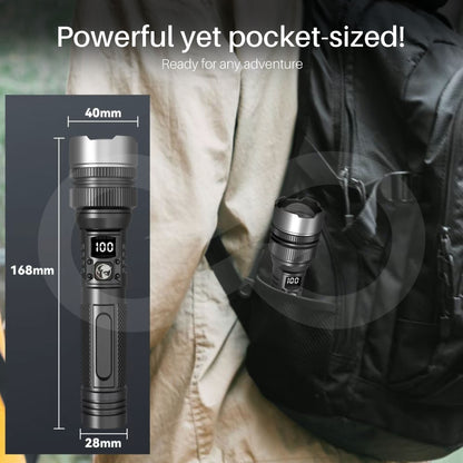 Flashlight with dimensions and text 'Powerful yet pocket-sized! Ready for any adventure' on a person wearing a jacket and backpack with a flashlight