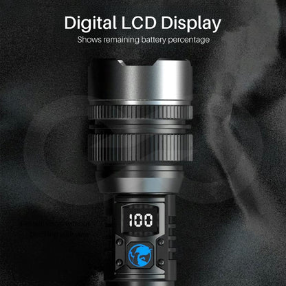 Black electronic device with digital LCD display on a dark background showing remaining battery percentage