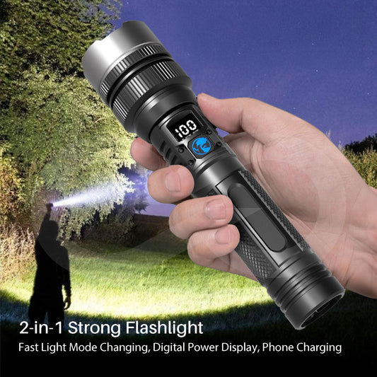 Hand holding a 2-in-1 strong flashlight with digital display, outdoor setting.