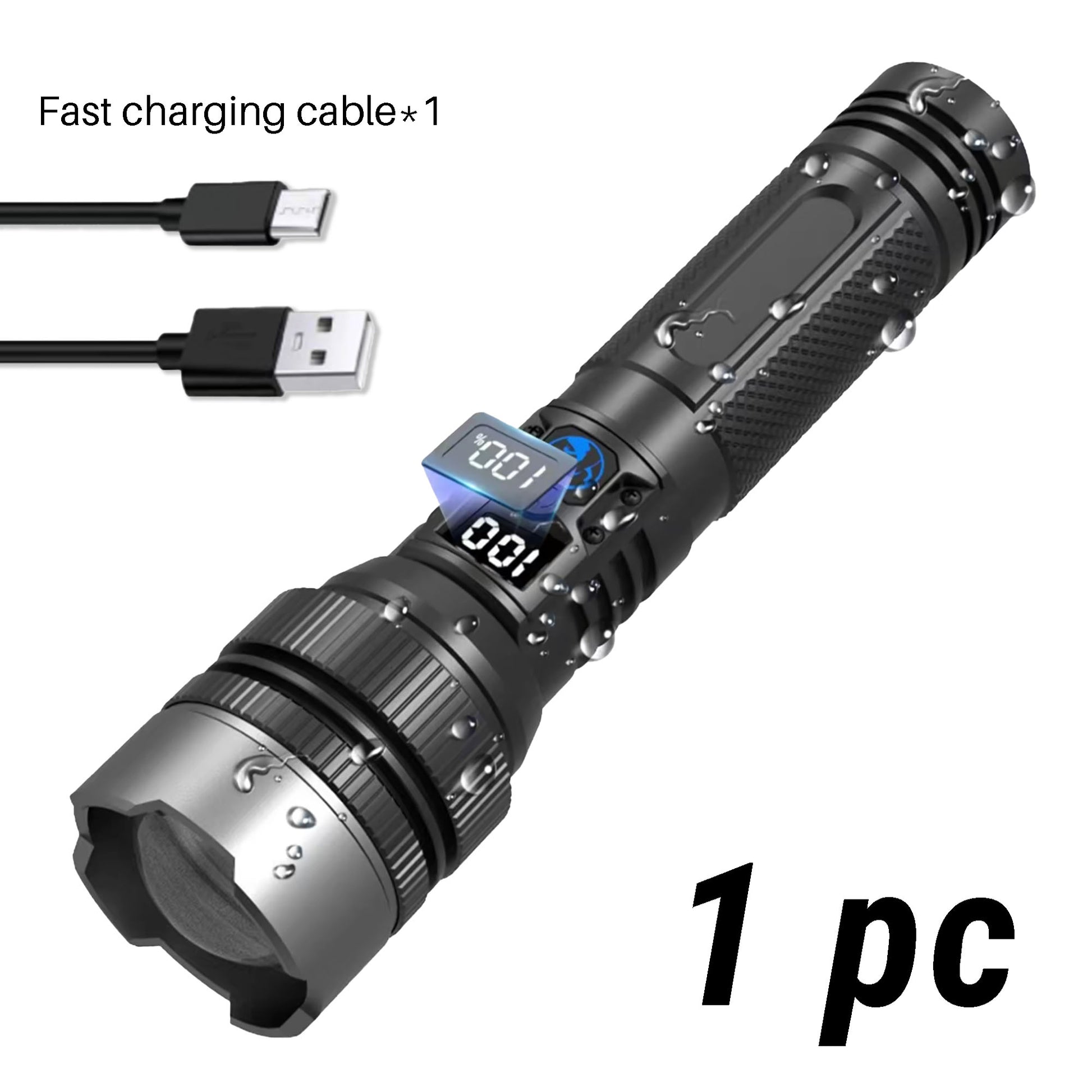 Black flashlight with digital display and fast charging cable on a white background
