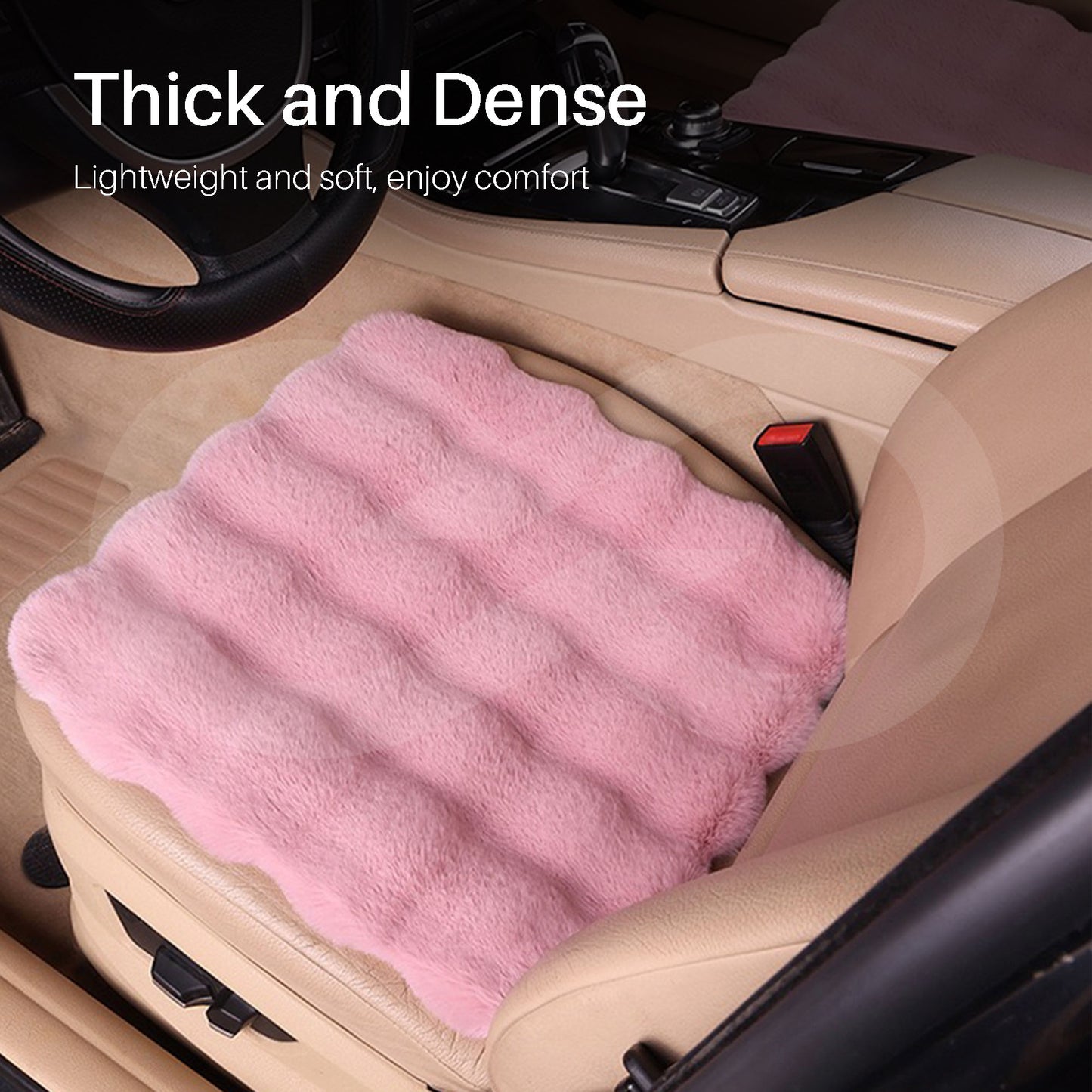 Pink car seat cover on a beige car seat with text 'Thick and Dense' and 'Lightweight and soft, enjoy comfort'.