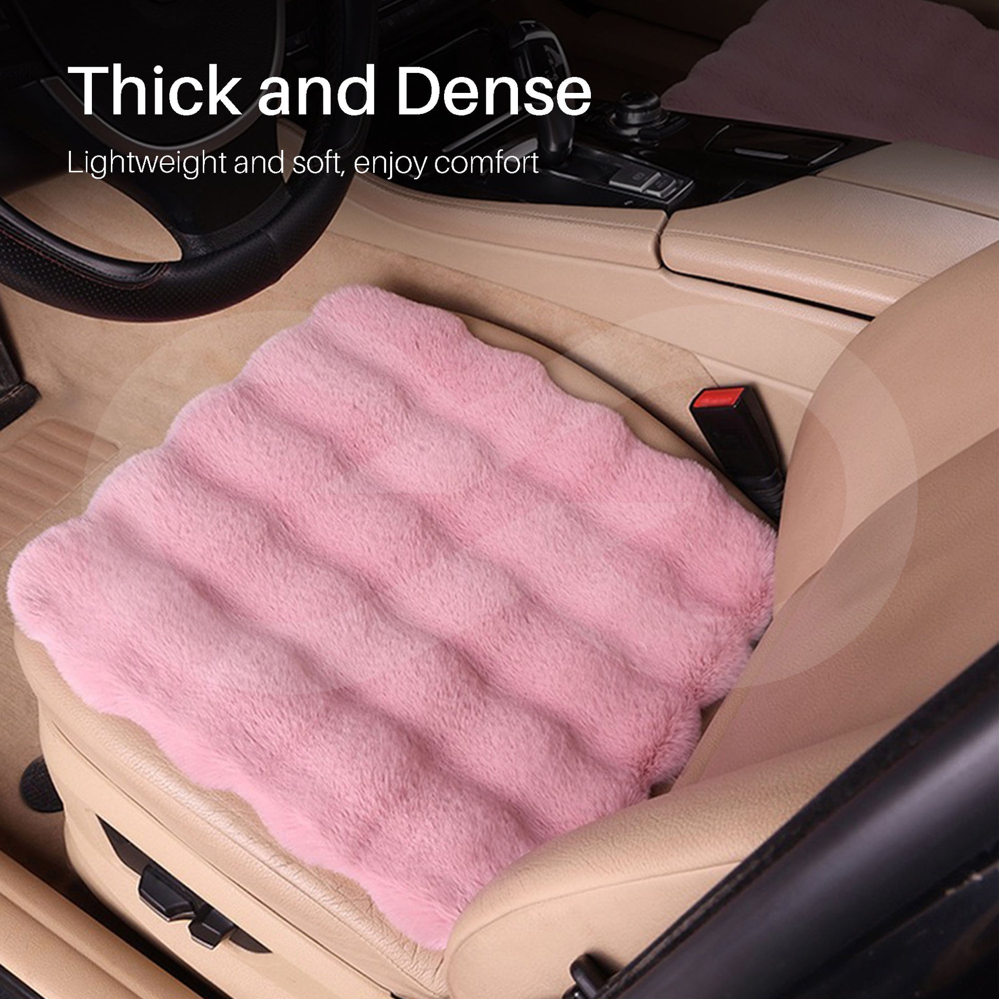 Pink car seat cover on a beige car seat with text 'Thick and Dense' and 'Lightweight and soft, enjoy comfort'.
