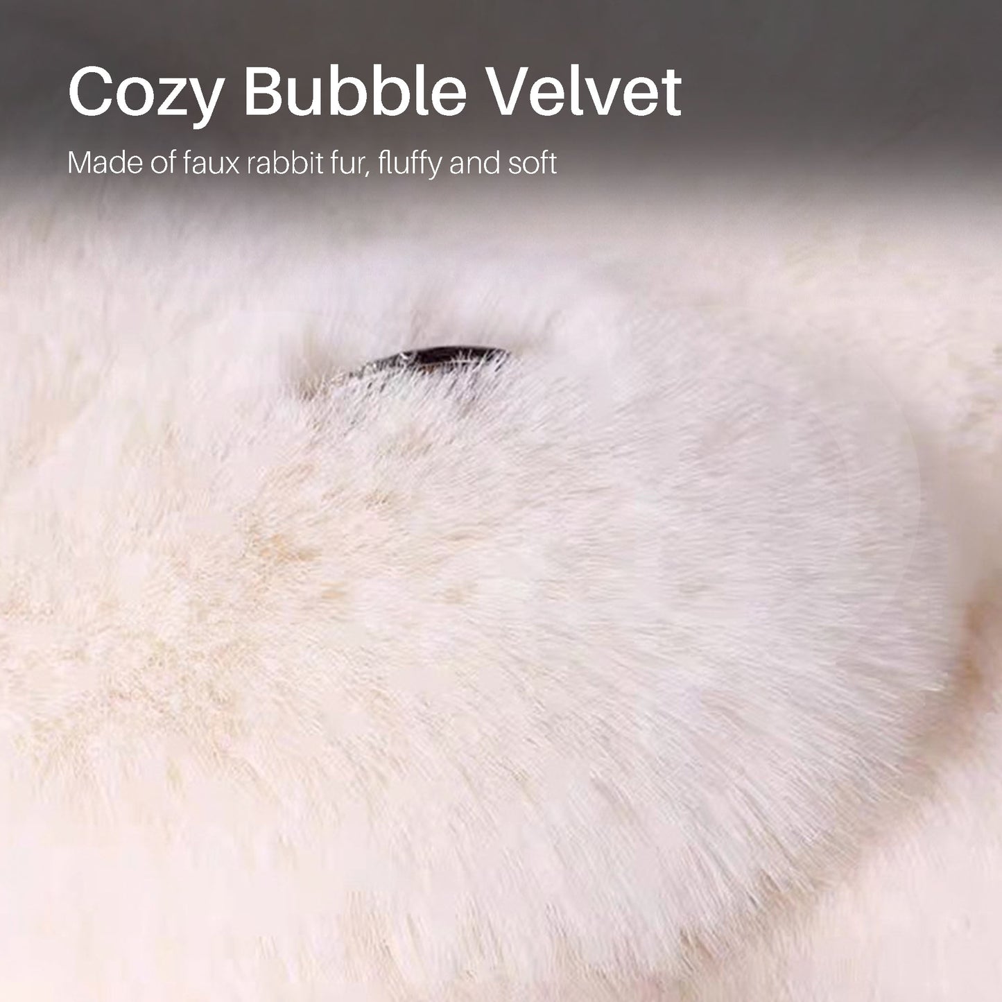 Close-up of fluffy white fur of 3-in-1 Ultra-soft Car Seat Cover Set with text describing 'Cozy Bubble Velvet' made of faux rabbit fur.