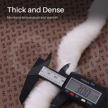 White fur of 3-in-1 Ultra-soft Car Seat Cover Set, with a digital caliper measuring its thickness.