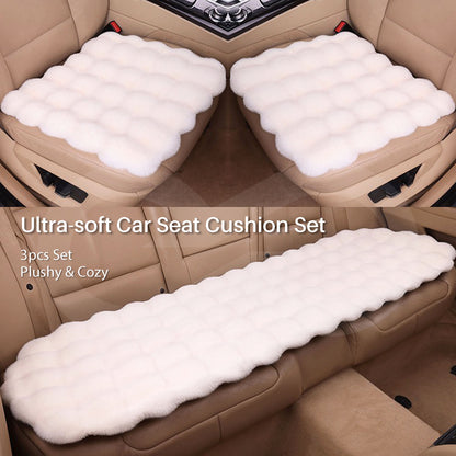 Ultra-soft car seat cushion set on a beige car interior with text indicating it's a 3-piece set.