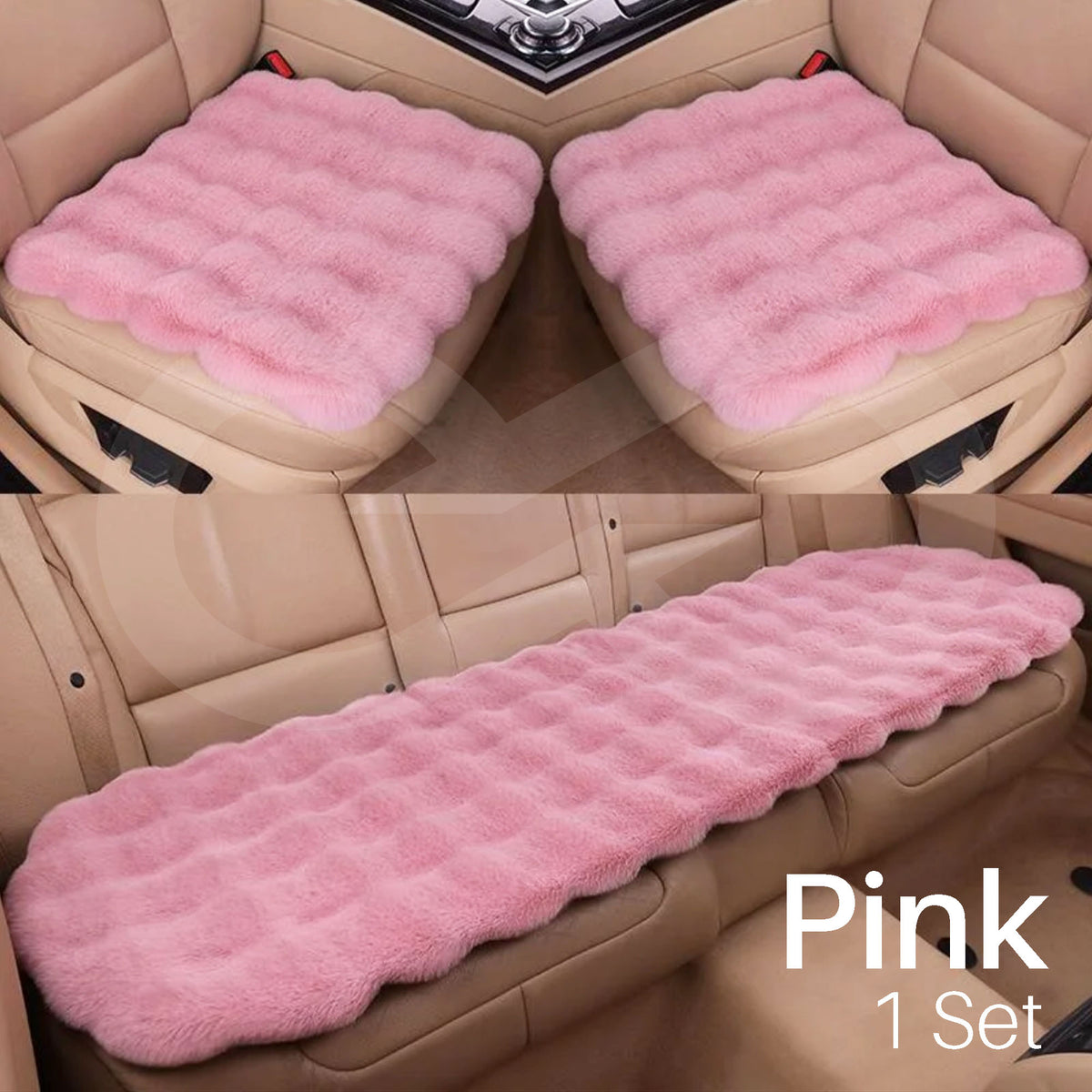 Pink car seat cover set on a beige car interior with 'Pink 1 Set' text.