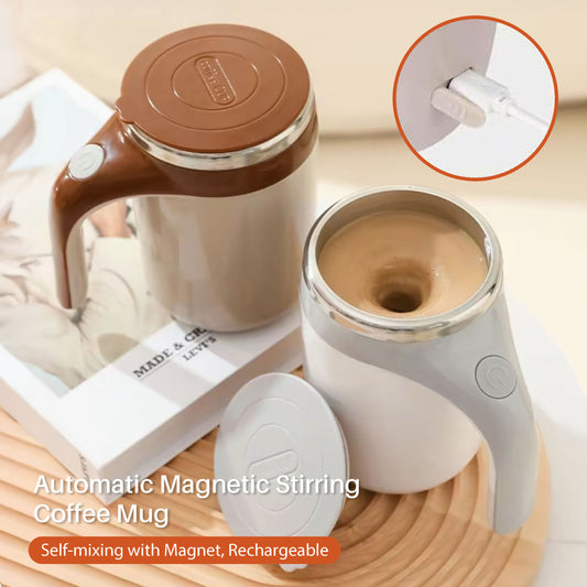 Automatic magnetic stirring coffee mug with close-up of stirrer mechanism on a light background