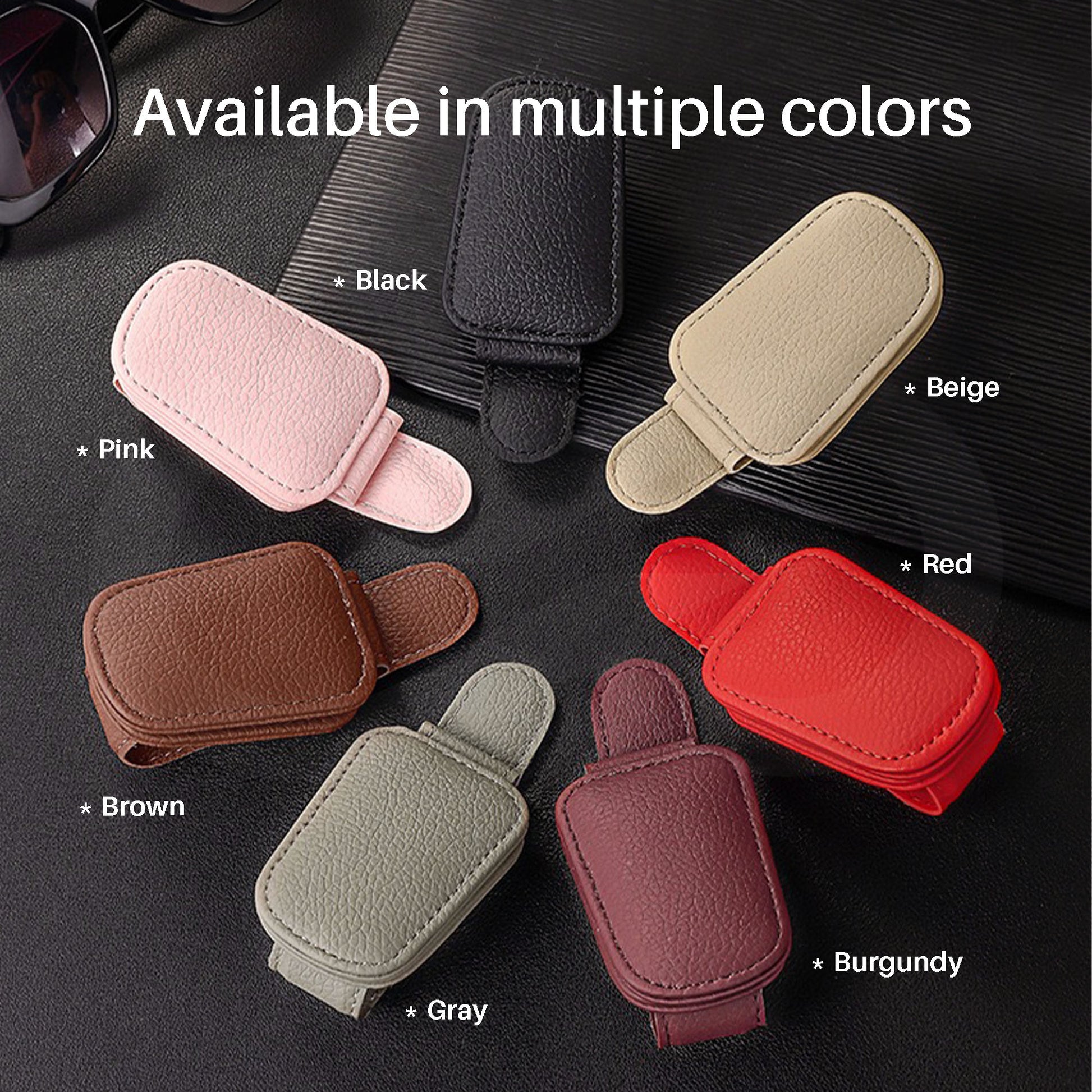 Various colored car visor sunglasses clip on a dark background with text indicating color availability.