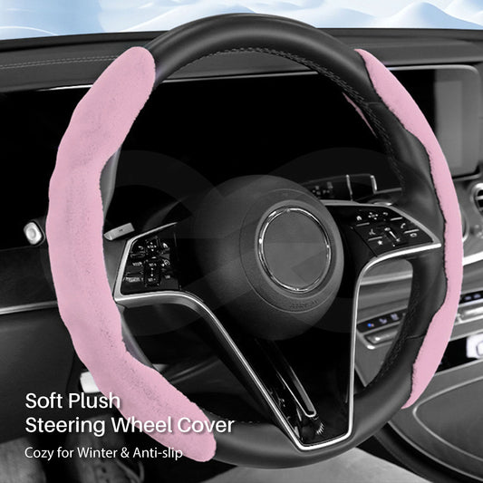 Steering wheel with pink plush cover inside a car, text 'Soft Plush Steering Wheel Cover' displayed.