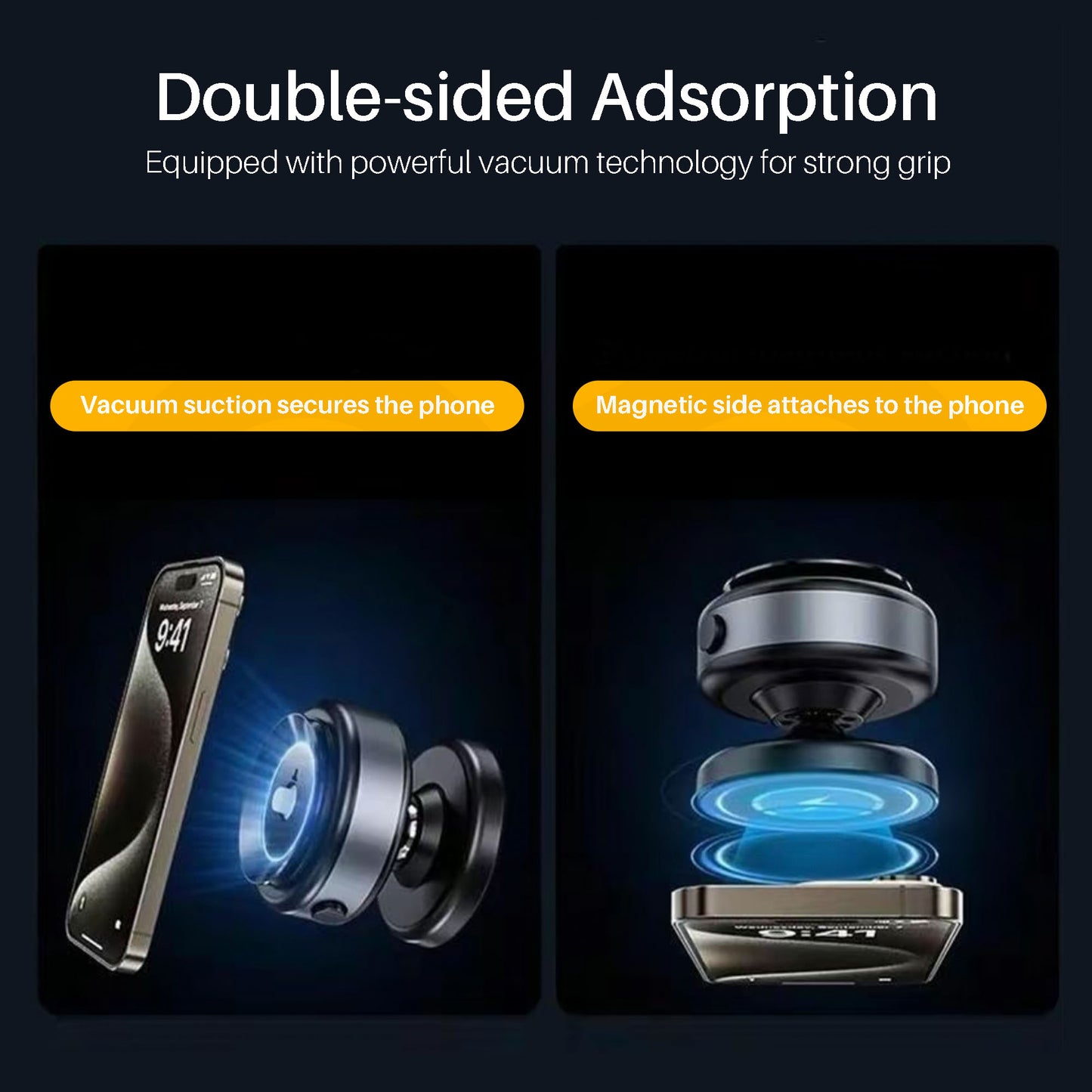 Double-sided adsorption phone holder with vacuum and magnetic attachments on a dark background